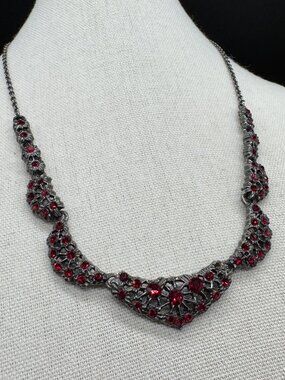 Gray Metal Necklace with Red Rhinestones Costume Jewelry 18 inches Antique Style